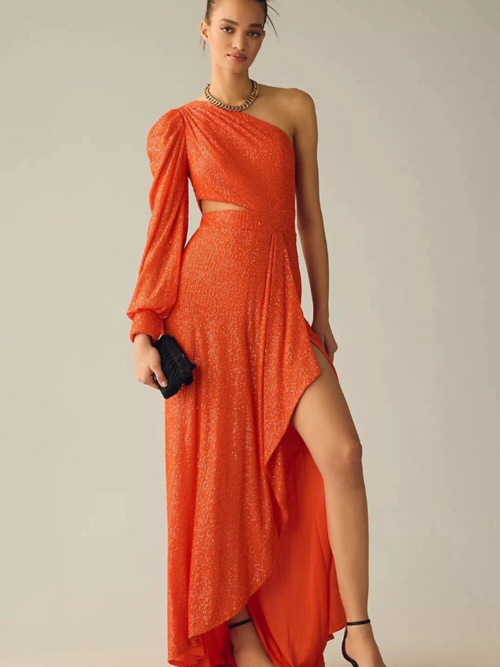 Mac Duggal Size 8 Orange 26730 Sequined One Shoulder Cut Out Formal Gown Dress